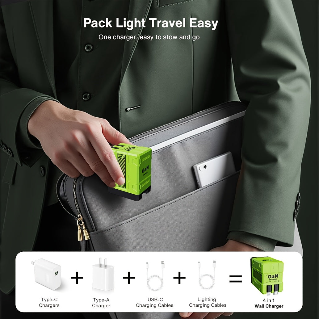66W 3-in-1 Fast Charger with USB Type-C – Portable Universal Adapter with Retractable US Plug