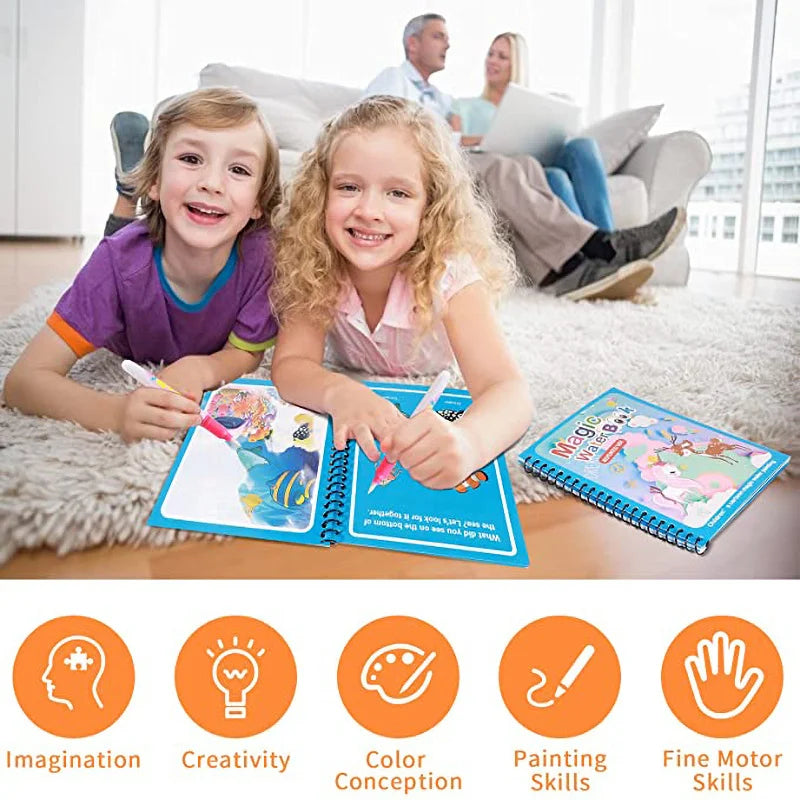 Magical Water Drawing Book for Kids – Reusable Mess-Free Coloring Activity with Water Pen