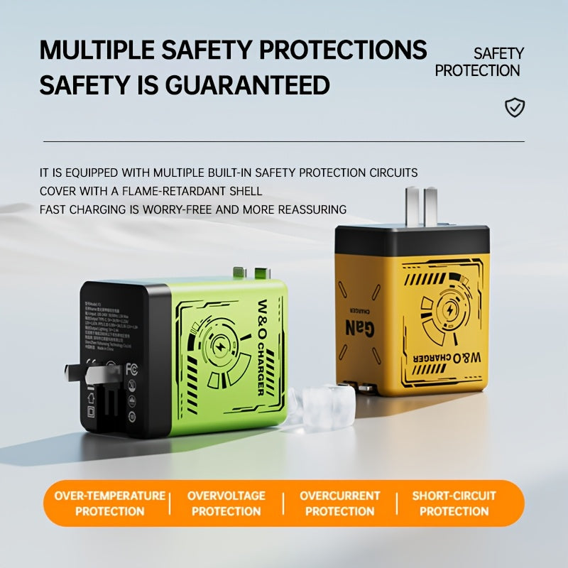 66W 3-in-1 Fast Charger with USB Type-C – Portable Universal Adapter with Retractable US Plug