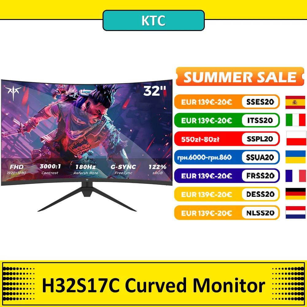 KTC 32inch H32S17C Curved Gaming Monitor,16:9Aspect Ratio,1920x1080@180HzResolution,16.7M 8Bit,32 Inch,180Hz Refresh Rate