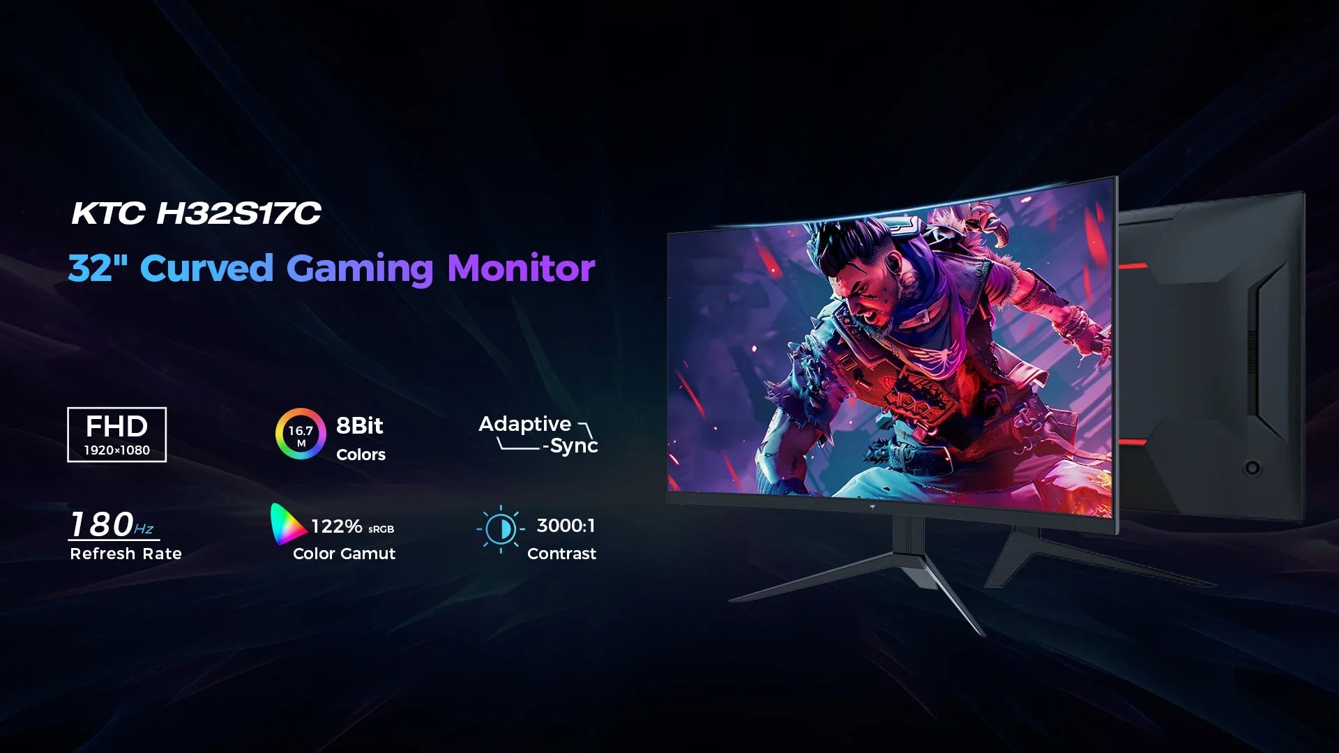 KTC 32inch H32S17C Curved Gaming Monitor,16:9Aspect Ratio,1920x1080@180HzResolution,16.7M 8Bit,32 Inch,180Hz Refresh Rate