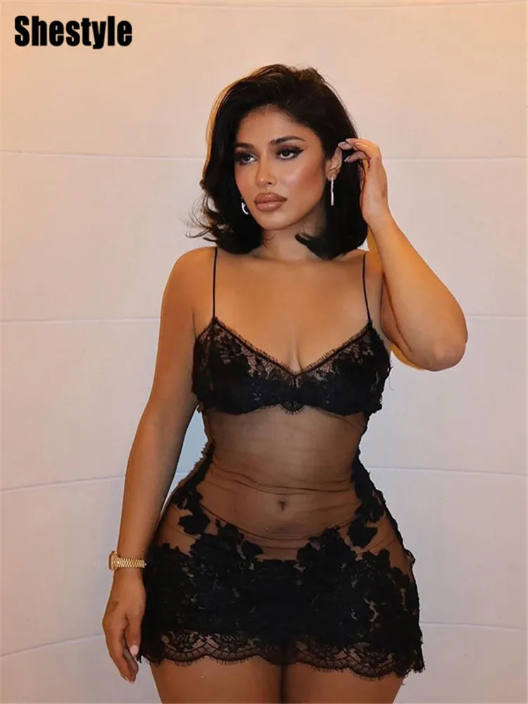 Shestyle Lace Mini Dress – Floral Embroidery Sheer Clubwear