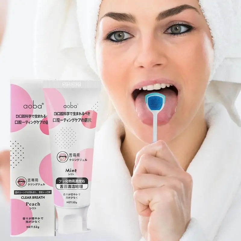 Tongue Cleaning Gel with Two-in-One Scraper Brush – Fresh Breath & Oral Hygiene Care (Mint or Peach)