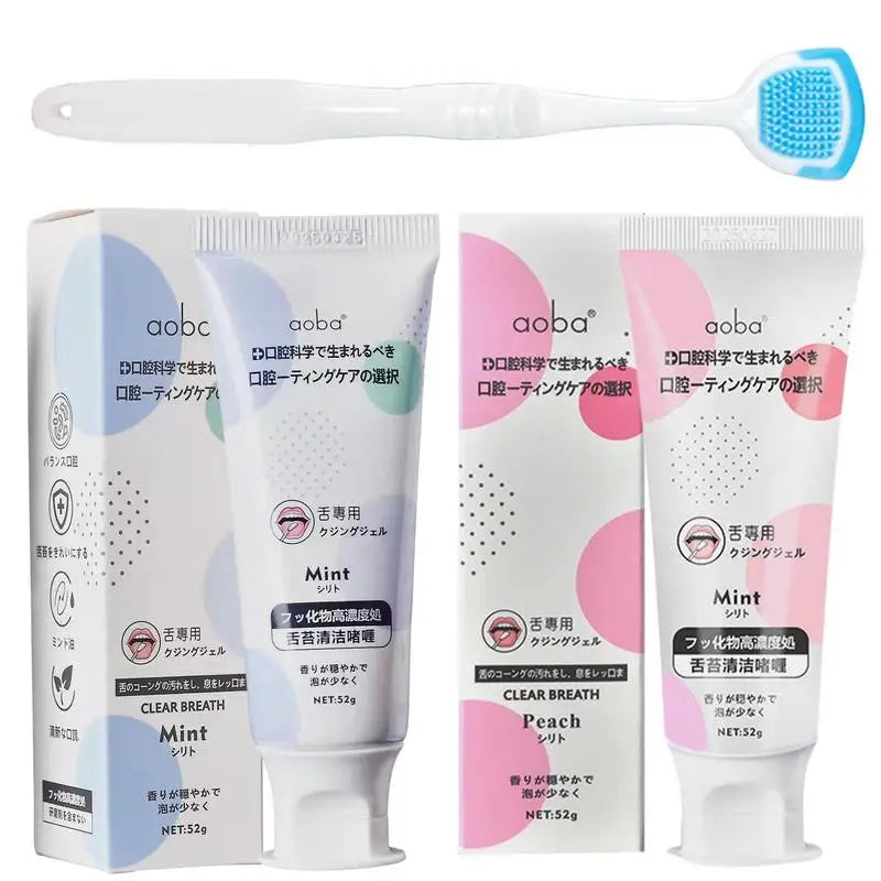 Tongue Cleaning Gel with Two-in-One Scraper Brush – Fresh Breath & Oral Hygiene Care (Mint or Peach)