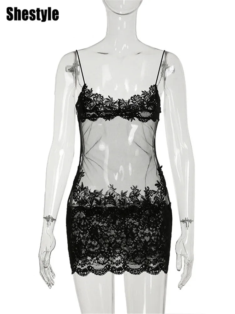 Shestyle Lace Mini Dress – Floral Embroidery Sheer Clubwear