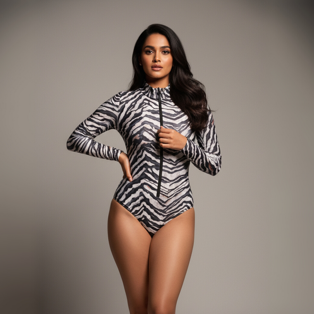 Zipper Swimsuit with Sleeves / Bodysuit / ZEBRA