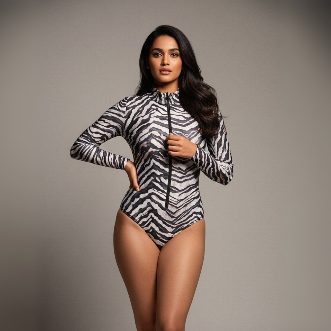 Zipper Swimsuit with Sleeves / Bodysuit / ZEBRA
