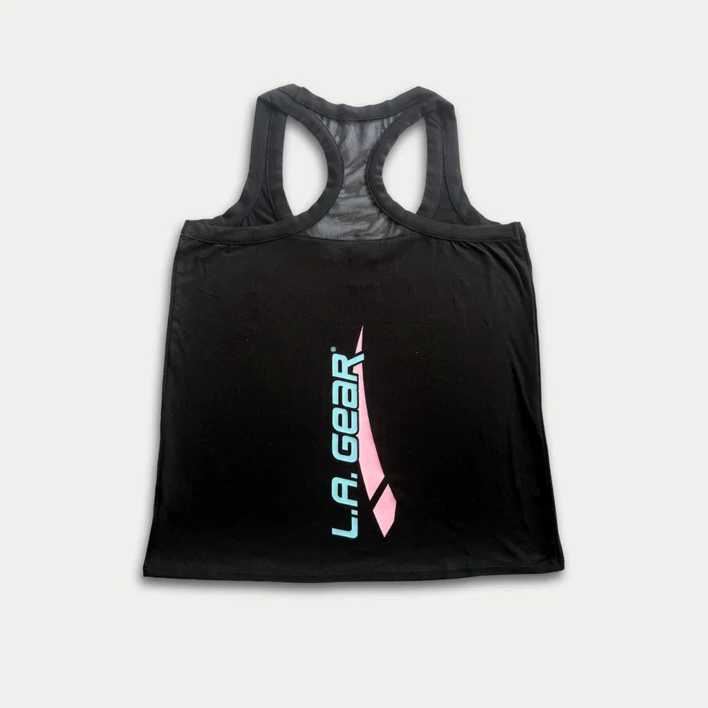 LA Gear Women’s Racerback Tank | Black with Aqua x Pink Logo