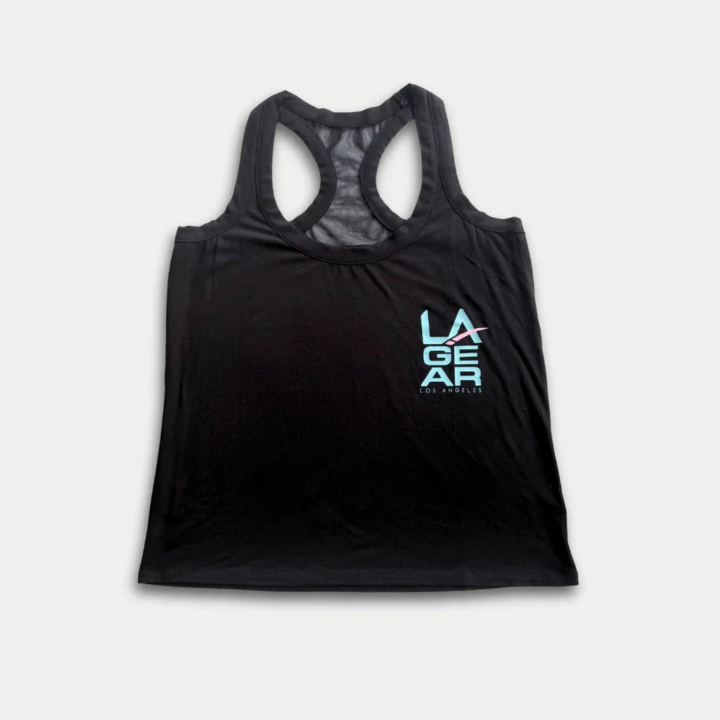 LA Gear Women’s Racerback Tank | Black with Aqua x Pink Logo